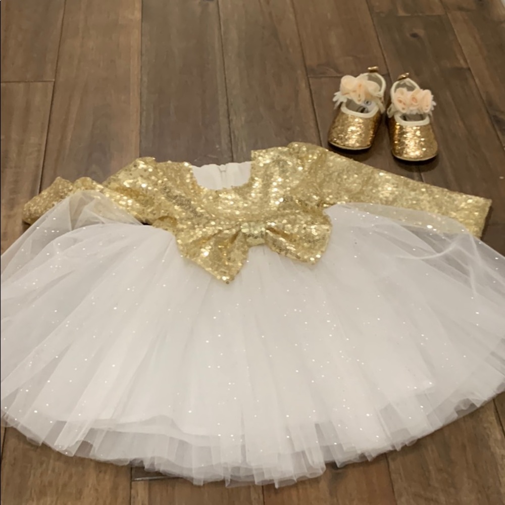 Beautiful gold and white baby dress with shoes